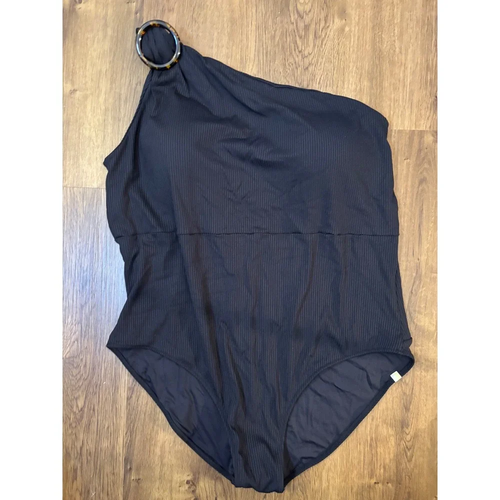 SUMMERSALT Black Ribbed‎ Sidestroke  One Piece Swimsuit Bathing Suit 22